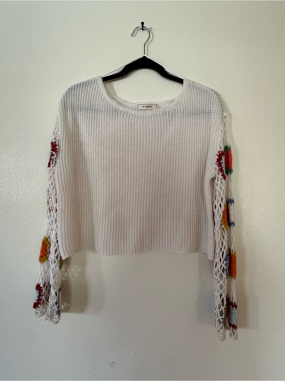White Crochet Sleeve Crop Sweater - Floral Detail